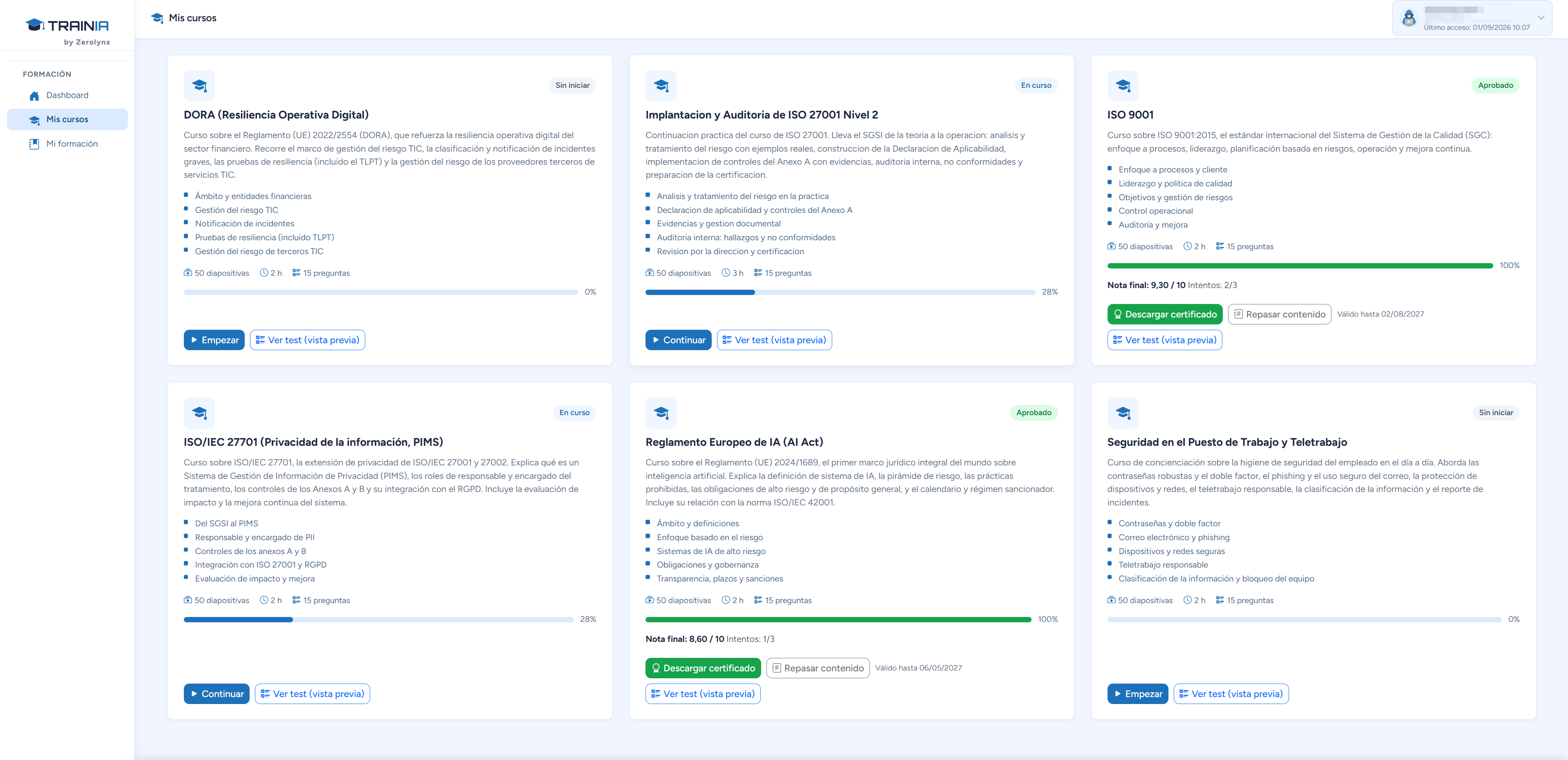 Catálogo de cursos del alumno con su estado, progreso y descarga de certificado